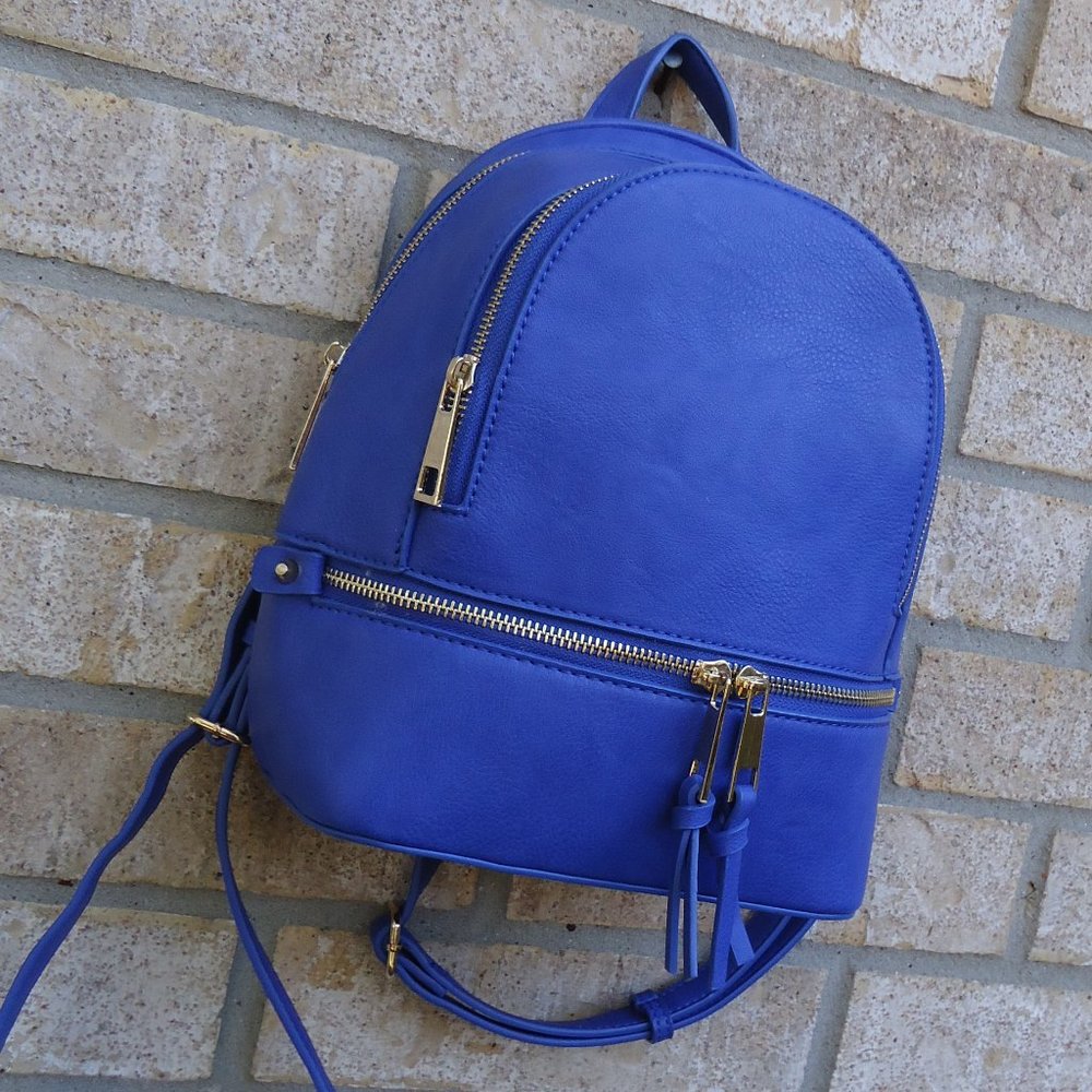 Mini backpack purse with gold tone zippers.